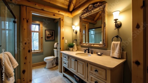 Rustic log cabin bathroom with a light and airy feel.