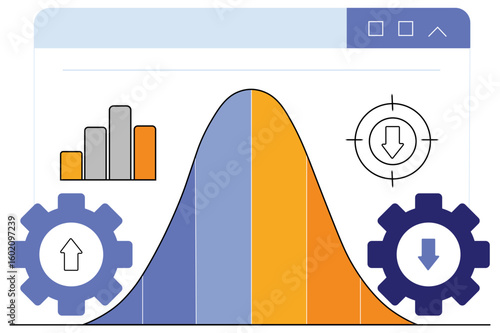 Bell Curve Showing Adoption of Software Versions With Download and Gear Icons in Clean Minimal Flat Design for Tech Analytics and Software Lifecycle Reports