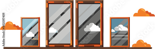 Four windows on a shelf reflecting clouds in the sky with orange clouds surrounding the windows