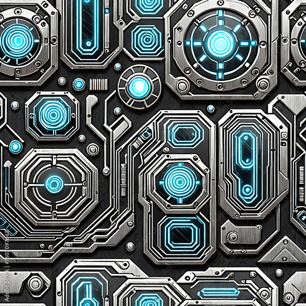 seamless pattern tileable texture futuristic metal panels detailed textured surface with lights circuits perfect for sci-fi themes graphic design video game development scrapbooking projects seamless pattern tileable texture futuristic metal panels detailed textured surface with lights circuits perfect for sci-fi themes graphic design video game development scrapbooking projects