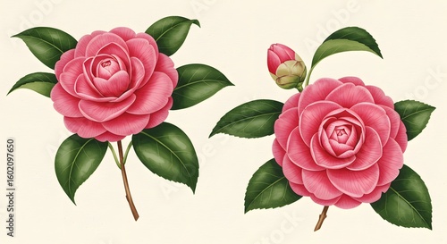 Two pink camellias with leaves and stems on a neutral background one with a bud