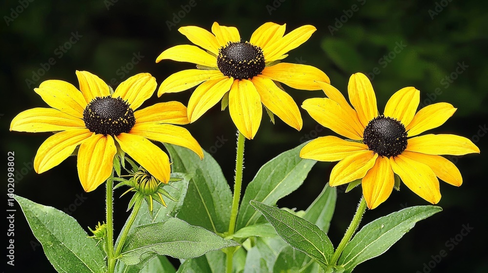Obraz premium Triple Black-Eyed Susan Bloom Close-up Composition, Vibrant Yellow Petals, Dark Center, Garden Photography, Rudbeckia hirta Rudbeckia, Black-Eyed Susan