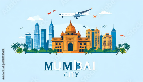 Mumbai City Skyline with Airplane, and Travel.
