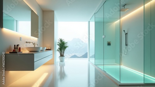 Modern bathroom with a glass enclosed shower and panoramic views.