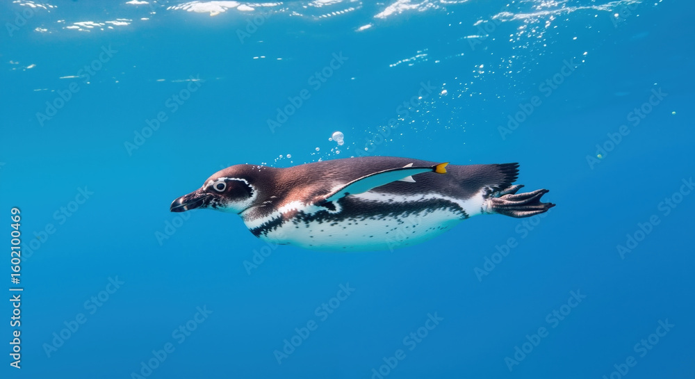 Fototapeta premium Penguin swimming underwater with wings spread in blue ocean water. Seabird diving in natural marine habitat for wildlife conservation and aquatic behavior education campaigns