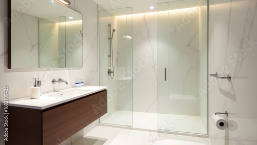 Wallpaper Mural Modern bathroom with a marble-effect wall and glass shower enclosure. Torontodigital.ca