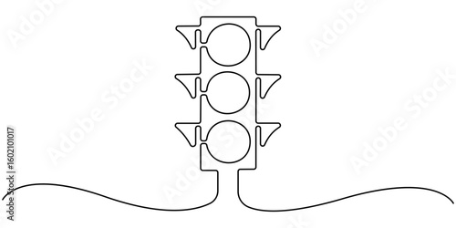 Light traffic one line continuous. Light traffic line art. Hand drawn vector art, Continuous one line drawing of traffic lights with poles to regulate vehicle travel at road intersections. 