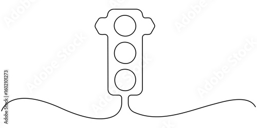 Light traffic one line continuous. Light traffic line art. Hand drawn vector art, Continuous one line drawing of traffic lights with poles to regulate vehicle travel at road intersections. 