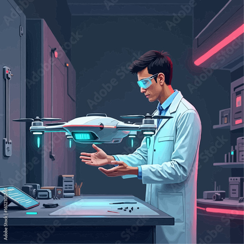 A skilled drone mechanic repairs flying delivery bots inside a futuristic repair lab.