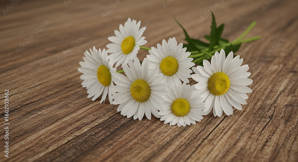 Obraz premium White Daisy Flowers with Yellow Centers on Rustic Wooden Surface