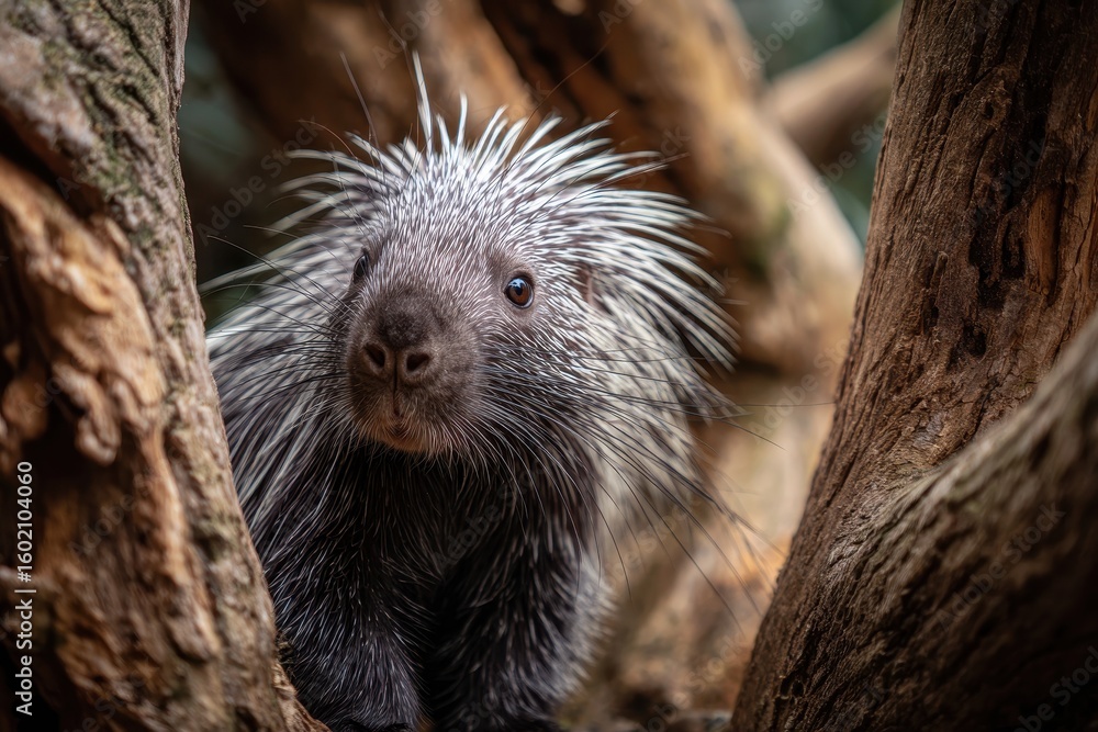 Fototapeta premium Zoo display of an American porcupine perched on a tree