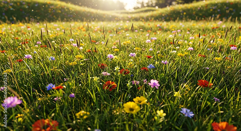 Fototapeta premium Colorful Wildflower Meadow with Green Grass in Sunny Summer Field