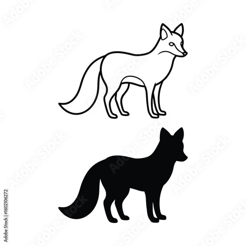 Vector art of a fox outline and silhouette isolated on white background