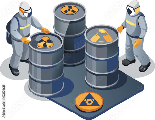 Two workers in hazmat suits handling radioactive waste barrels on a gray platform in a laboratory