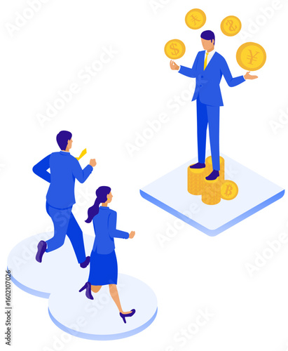 金融セミナーの講師と、それを目指すビジネスパーソンたちのイラスト