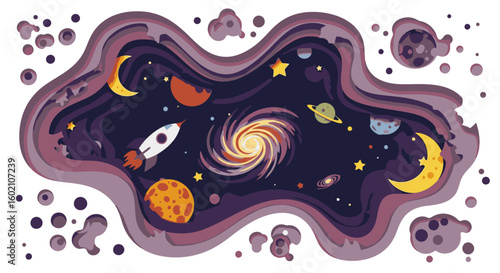 Whimsical layered paper art depicts a vibrant galaxy with planets, moon, stars, and rocket