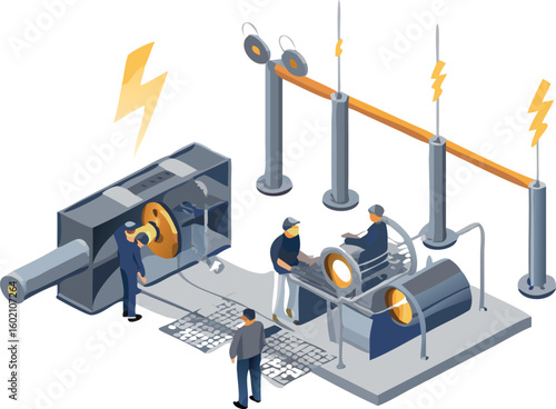 Isometric illustration of workers in an electrical power plant with lightning bolts and machinery