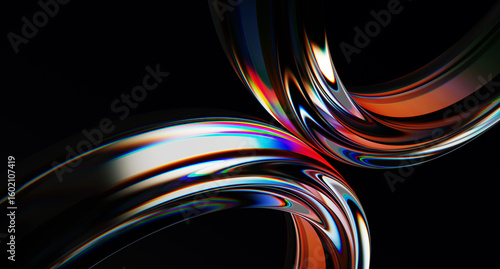 Fototapeta Naklejka Na Ścianę i Meble -  3d iridescent liquid glass ribbon wave line with neon rainbow light texture on abstract black background. Holographic gradient water flow with speed motion effect. Digital tech banner. 3D illustration