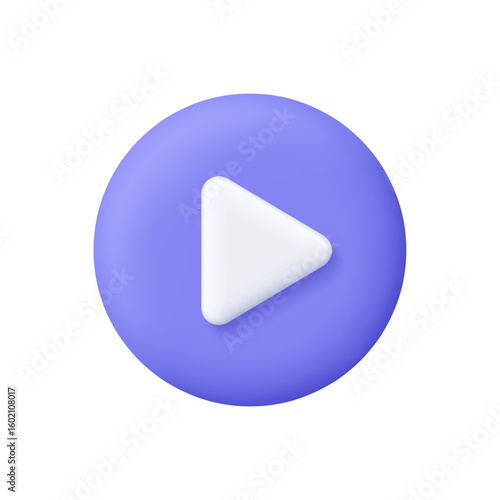White play button on purple circle button. Multimedia, video content, streaming platforms, user interfaces and entertainment concept. 3d vector icon. Cartoon minimal style.