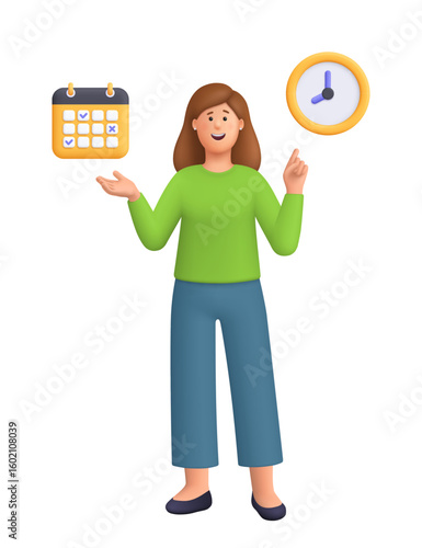Young smiling woman Kate pointing to calendar and clock. Time management, productivity, self organization, business planning concept. 3d vector people character. Cartoon minimal style.