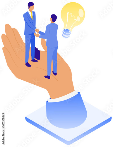 信頼のプラットフォーム｜ビジネスマンの握手を支える巨大な手のアイソメイラスト