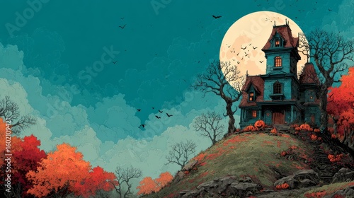 Haunted House on a Hill with Pumpkins and Bats under a Full Moon