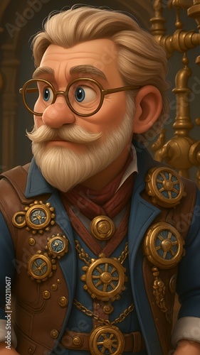 Elderly gentleman with curled mustache, dressed in elegant Victorian steampunk attire. Refined, charismatic, and proud, with a touch of eccentricity.
