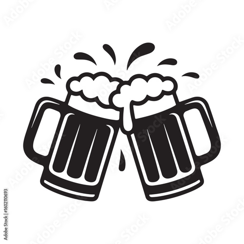 Two beer mugs toasting black and white vector
