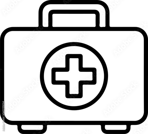 Simple outline icon of a medical first aid kit with a red cross symbol