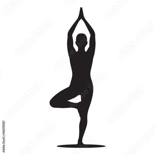 Yoga Tree Pose Silhouette on White Background