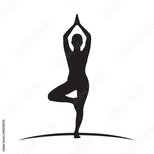 Silhouette of woman in tree yoga pose on white