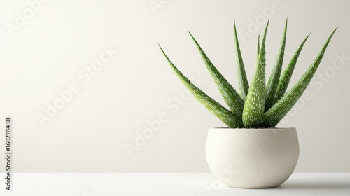 Green Aloe Vera Plant in Minimalist White Pot on Light Background