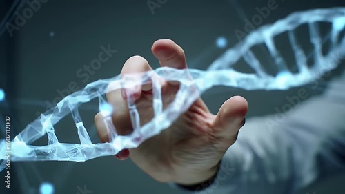 Close Up Hand Touching Digital Dna Molecule Structure in a Scientific Research and Medical Innovation on a Dark Background with Blue Lighting