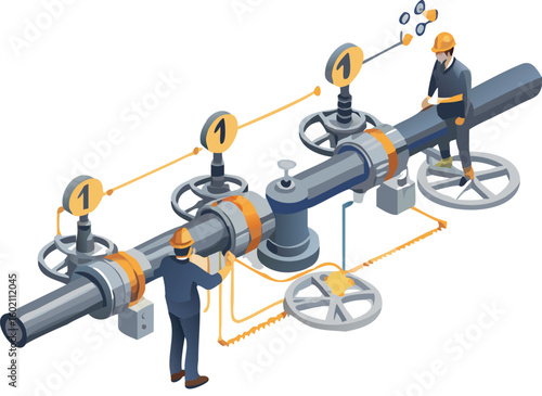Isometric illustration of two workers inspecting industrial pipeline with valves and gauges numbered one