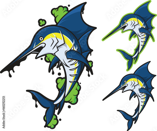 Cartoon Marlin Fish Vector Illustration Set