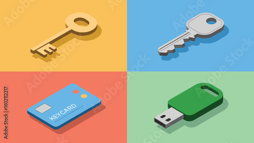Isometric illustration of two keys, a keycard, and a usb drive on a multicolored background design