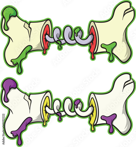 Cartoon Broken Bones with Spiral Connectors and Colorful Slime