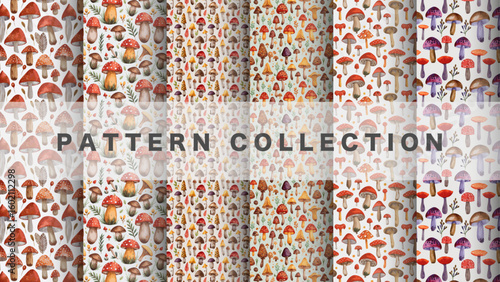 Mushroom pattern in watercolor style, 6 pattern data sets

