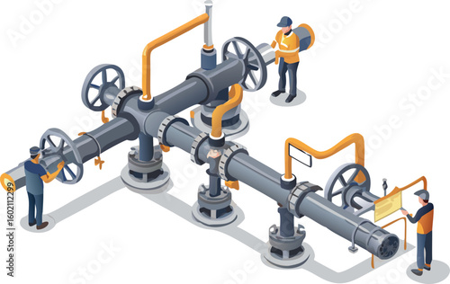 Isometric view of industrial pipeline system with workers performing maintenance and inspection tasks