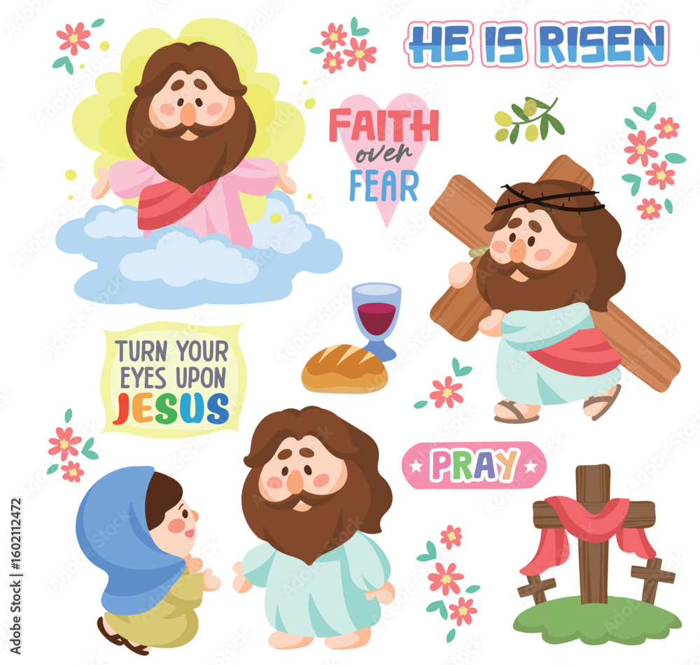 Fototapeta premium A cute cartoon Easter set featuring Jesus, Bible quotes, cross, bread, wine, and floral decorations. Perfect for church, Sunday school, or religious crafts.
