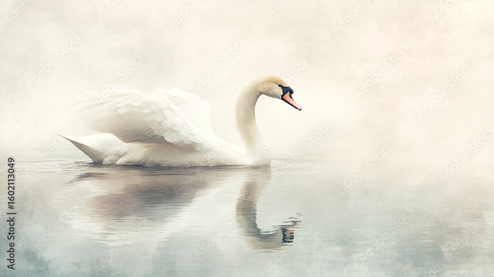 Fototapeta premium A serene swan glides gracefully on a misty lake.