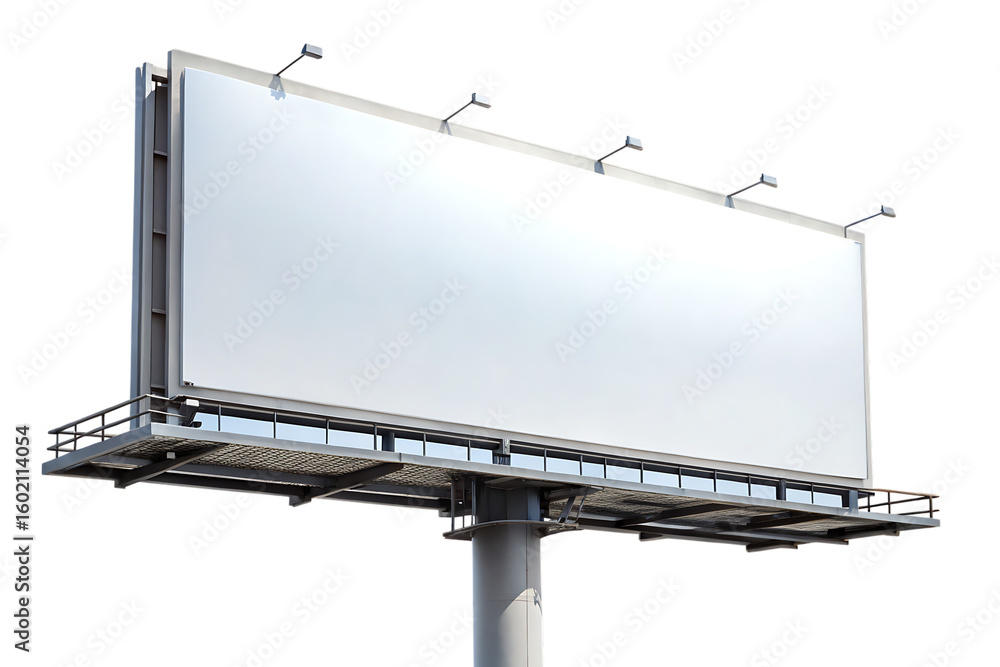 Obraz premium Large blank white billboard structure with metal frame and lights on black background isolated on a transparent background