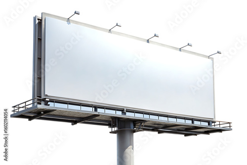 Large blank white billboard structure with metal frame and lights on black background isolated on a transparent background