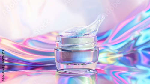 Iridescent cosmetic jar, a shiny and glittering glass container, placed on an abstract background. This elegant beauty vessel, perfect for makeup, skincare, or lotion, showcases vibrant hues, sparkle,