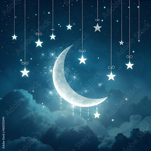 Bright, starry night sky with moon and twinkling stars, perfect for winter or Christmas astronomy illustrations