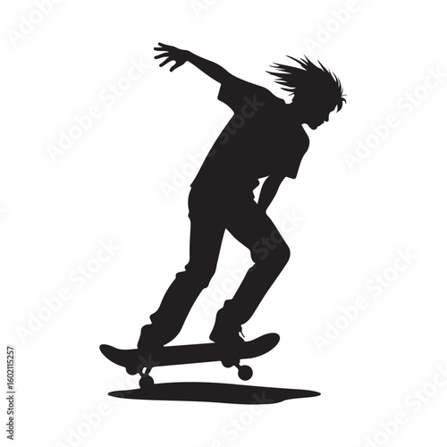Skateboarder silhouette performing trick on skateboard isolated on white