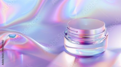 Iridescent cosmetic jar, a shiny and glittering glass container, placed on an abstract background. This elegant beauty vessel, perfect for makeup, skincare, or lotion, showcases vibrant hues, sparkle,