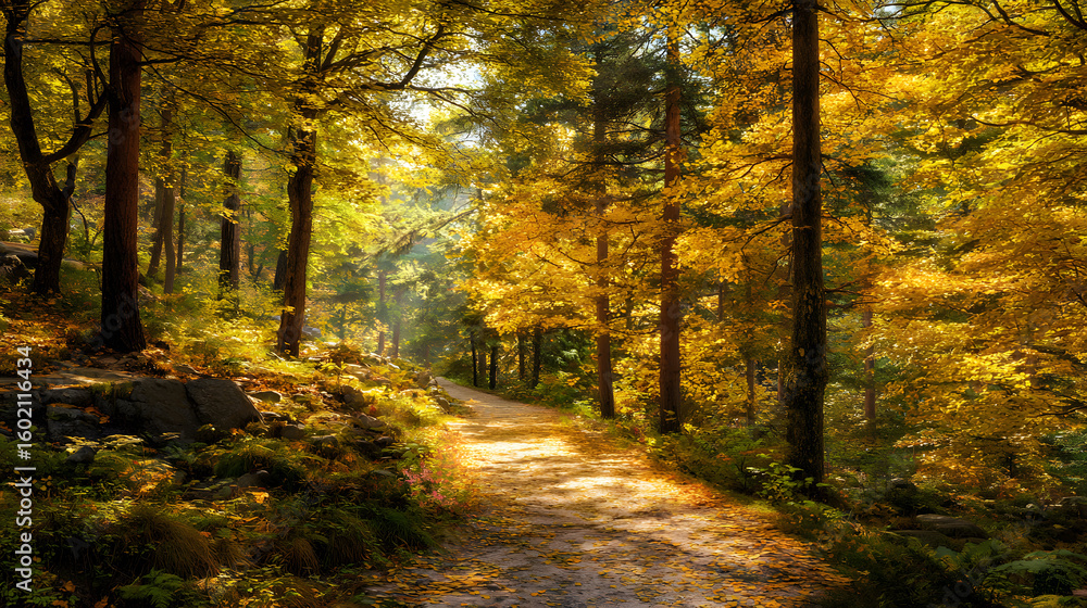 Obraz premium Golden Forest Trail: Journey Through Enchanted Wilderness with a Yellow Brick Road