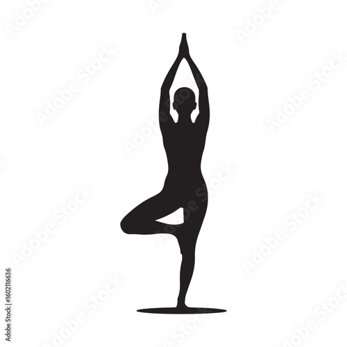 Silhouette of woman in tree yoga pose on white