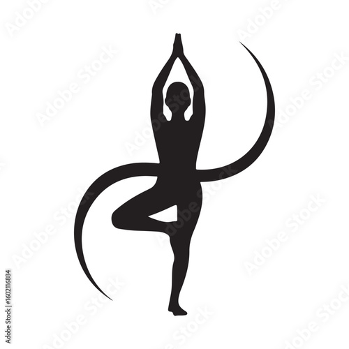 Yoga Tree Pose Silhouette with Abstract Curved Lines